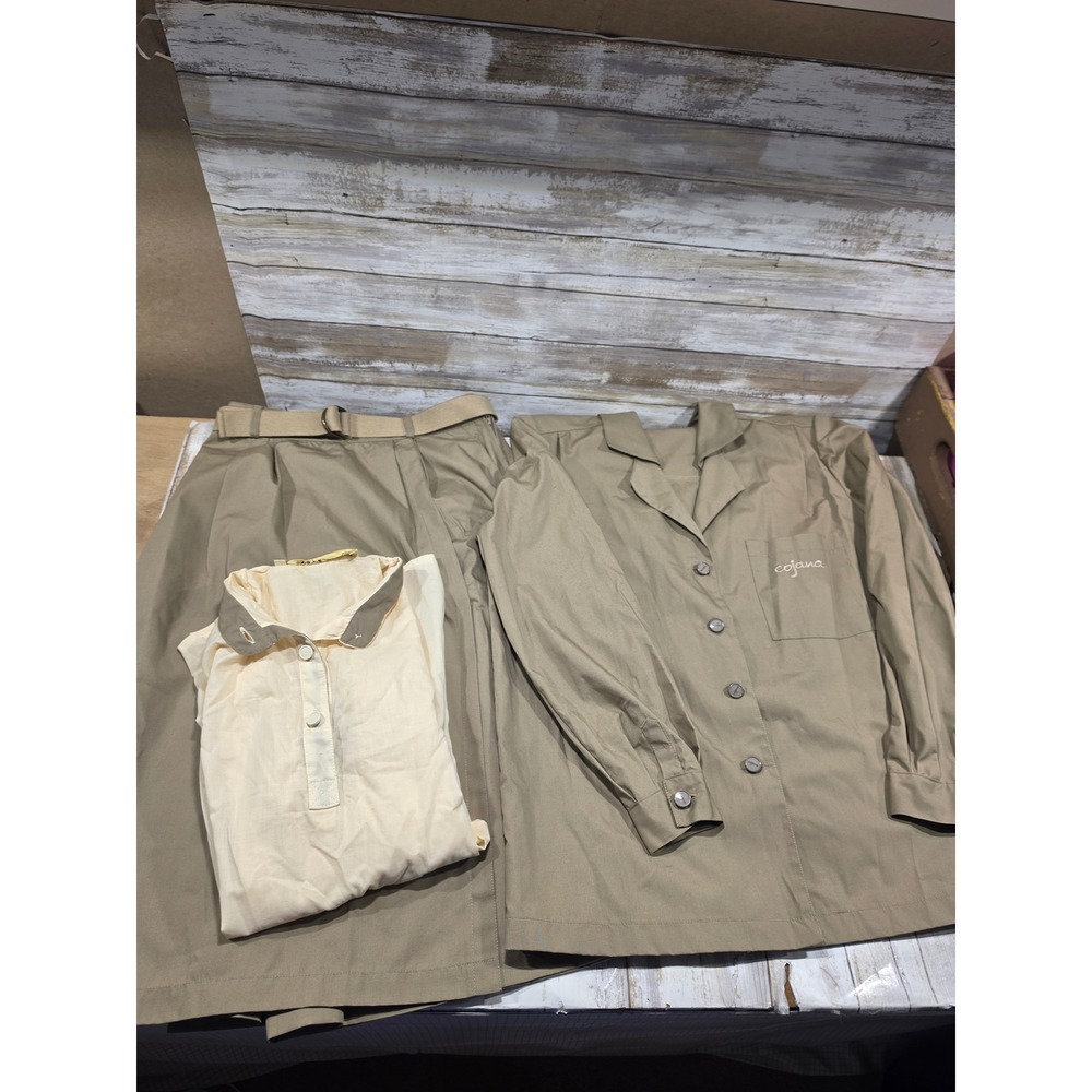 Vintage Cojana Sport 3 Piece Set Jacket Skirt Blouse Khaki Tan Women Size 10 TLC